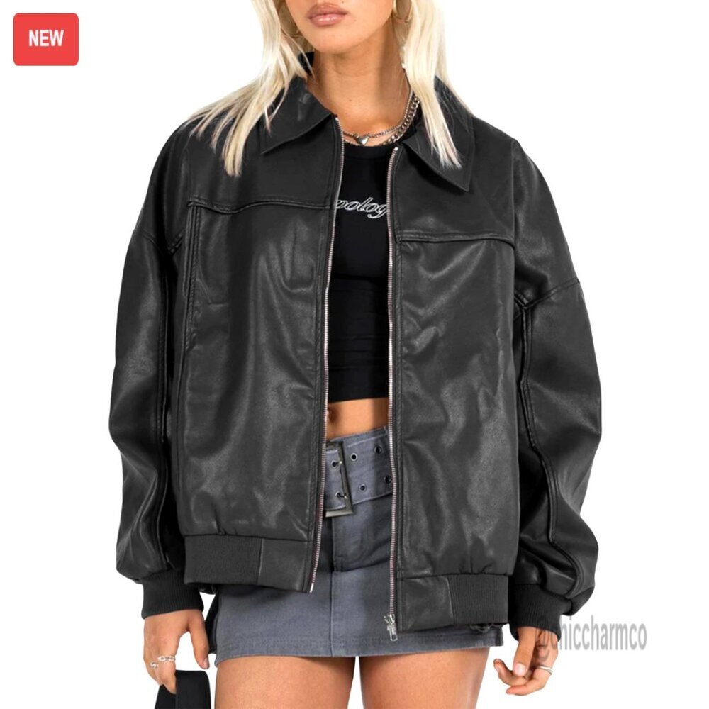 Oversized Faux Leather Bomber Jacket Motorcycle Style Boyfriend Fit Zip